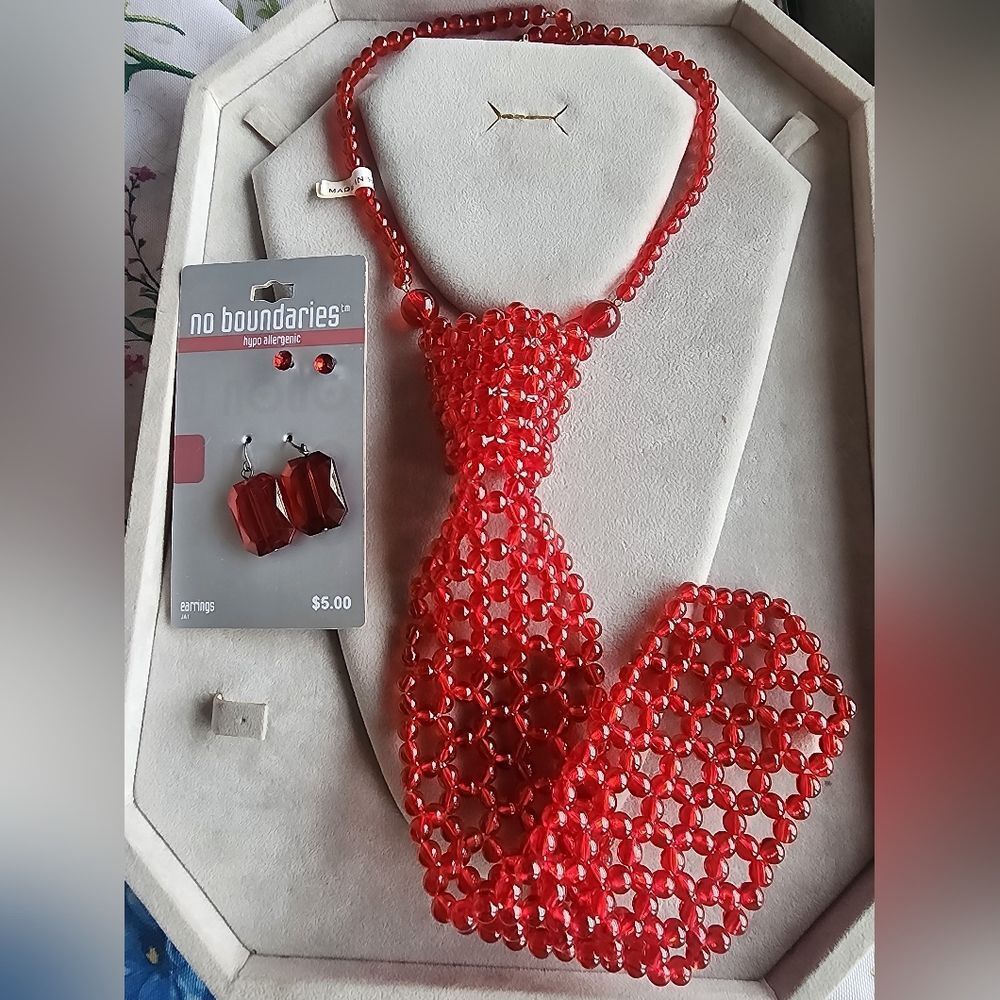No Boundaries Red Beaded Tie and Earring Set